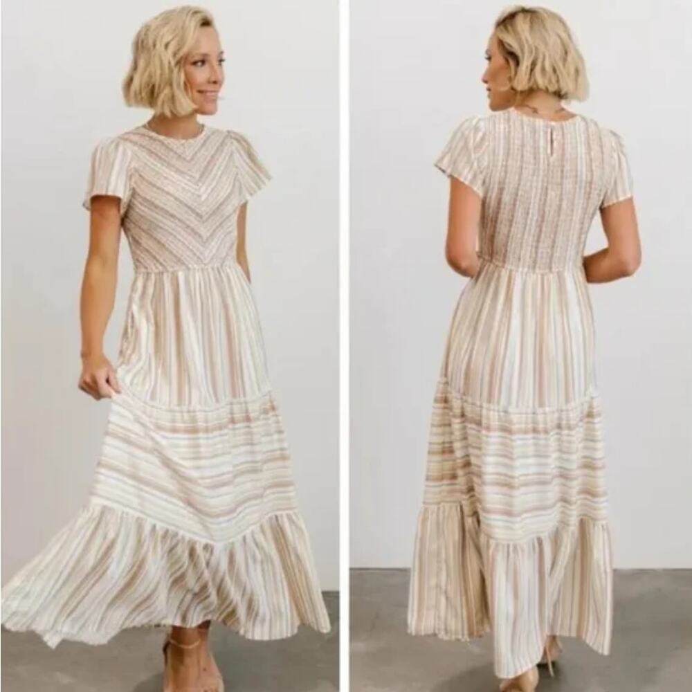 Baltic Born Willow Smocked Maxi Dress Tan Striped Size Large